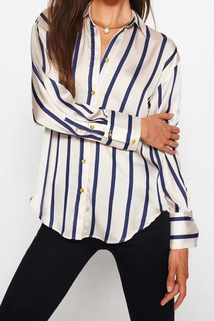 Fashion Women Shirt Collar Striped Pattern Casual Striped Satin Fabric Oversize Wide Pattern Woven Shirt