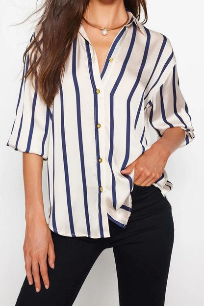 Fashion Women Shirt Collar Striped Pattern Casual Striped Satin Fabric Oversize Wide Pattern Woven Shirt