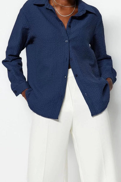 Fashion Women Shirt Collar Plain Pattern Casual Oversize Wide Pattern Woven Shirt