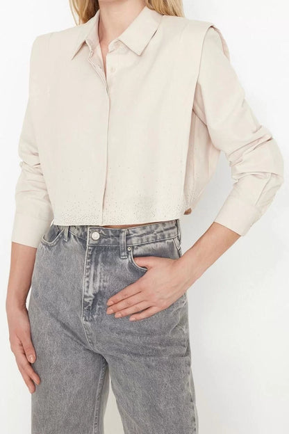 Fashion Women Shirt Collar Plain Pattern Casual Sleeves Padded Stone Crop Woven Shirt