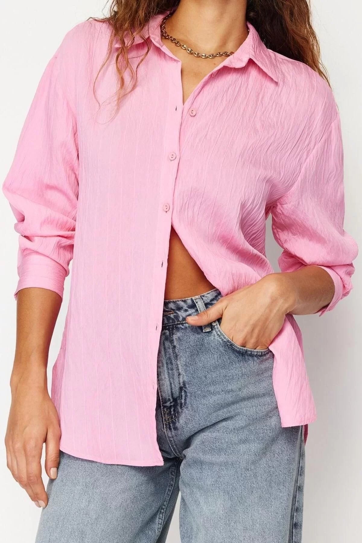 Fashion Women Shirt Collar Plain Pattern Casual Striped Oversize Wide Pattern Textured Woven Shirt