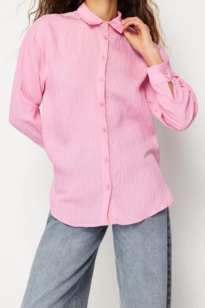 Fashion Women Shirt Collar Plain Pattern Casual Striped Oversize Wide Pattern Textured Woven Shirt