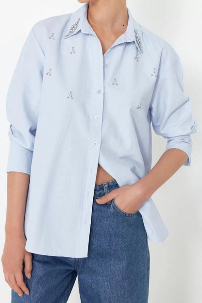 Fashion Women's Shirt Collar Plain Pattern Casual Front Stone Detail Regular Regular Pattern Woven Shirt