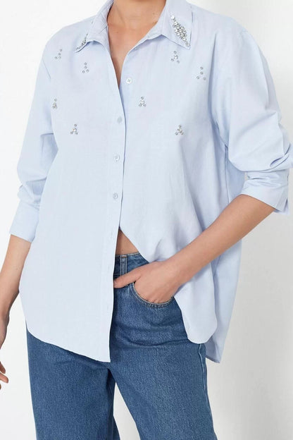 Fashion Women's Shirt Collar Plain Pattern Casual Front Stone Detail Regular Regular Pattern Woven Shirt