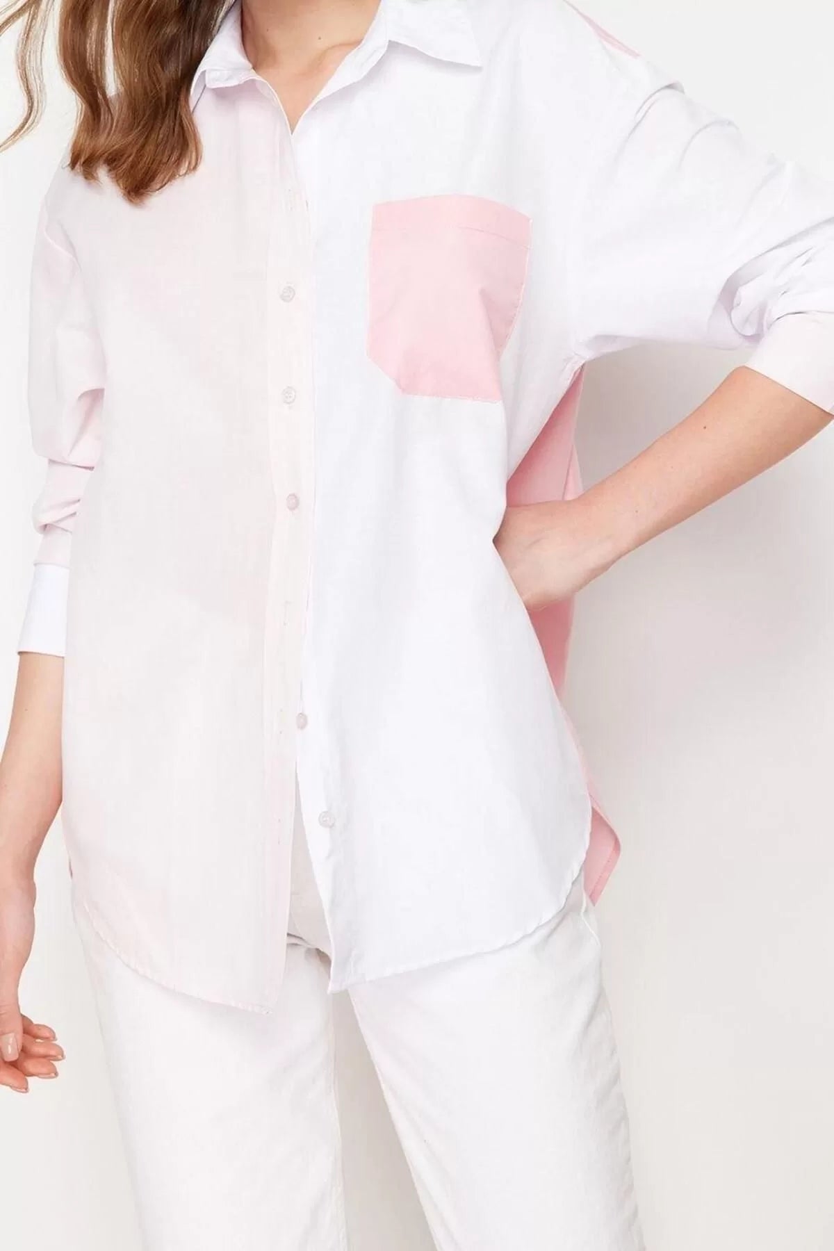 Fashion Women Shirt Collar Plain Pattern Casual Color Block Oversize Wide Pattern Woven Shirt