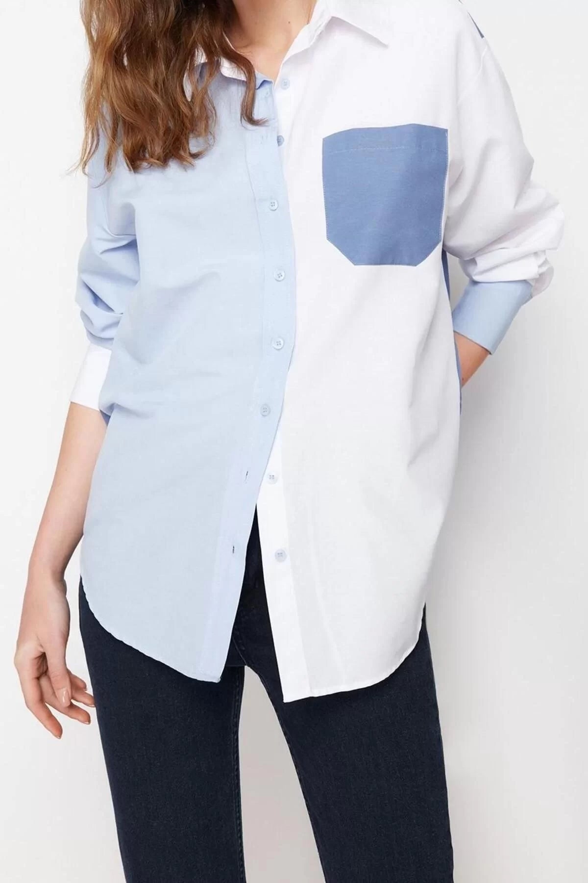 Fashion Women Shirt Collar Plain Pattern Casual Color Block Oversize Wide Pattern Woven Shirt