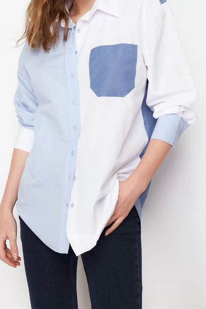 Fashion Women Shirt Collar Plain Pattern Casual Color Block Oversize Wide Pattern Woven Shirt