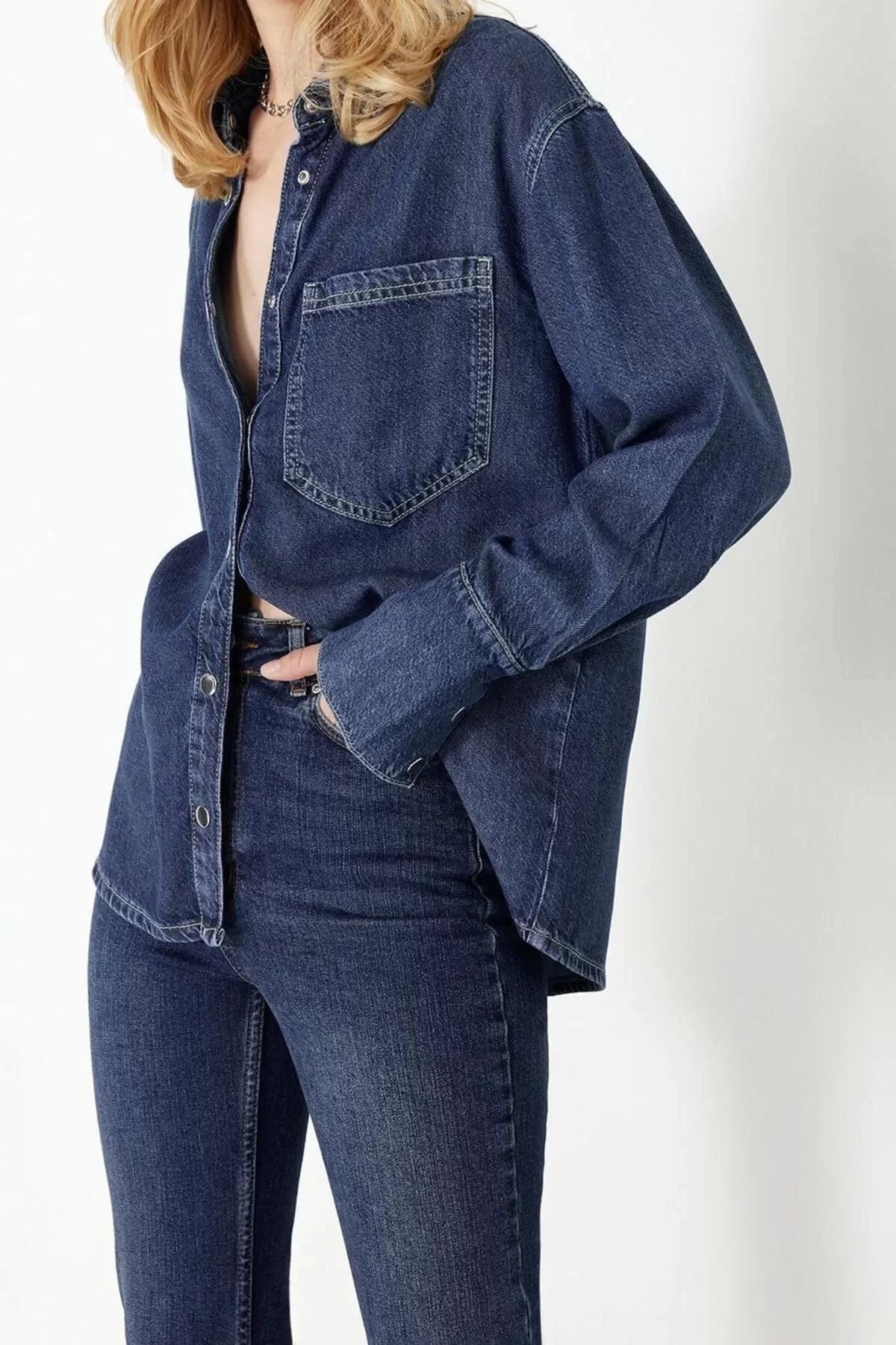 Fashion Women Shirt Collar Plain Pattern Casual Lyocell Oversize Denim Shirt