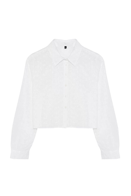 Fashion Women's Shirt Collar Plain Pattern Casual Embroidered Detailed Woven Shirt