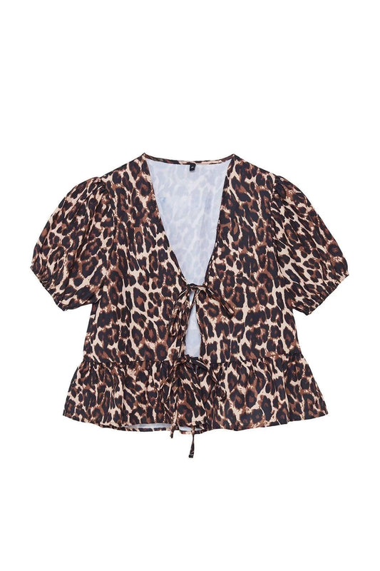 Fashion Women's V Neck Animal Pattern Casual Leopard Patterned Tied Double Sided Woven Shirt