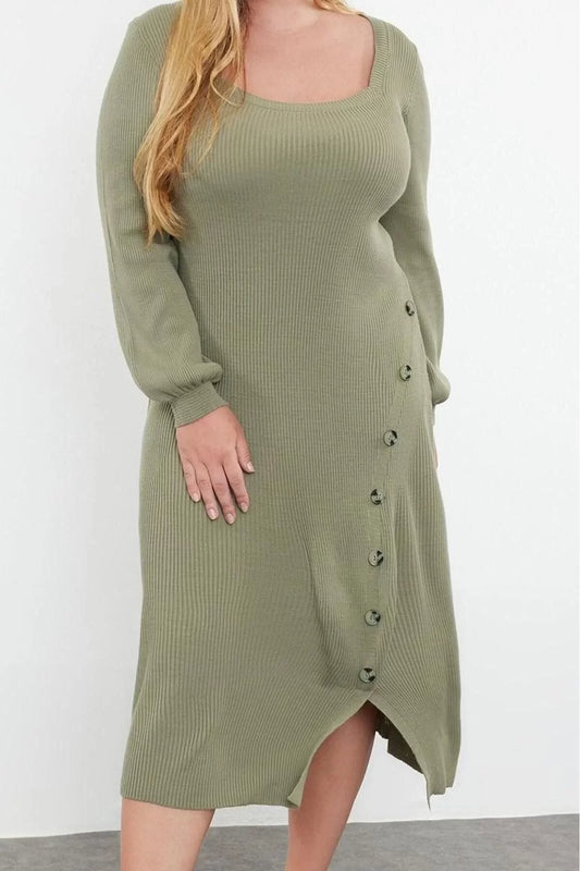 Fashion Style Slim Square Neck Midi Length Plus Size Button Detailed Slit Knit Dress