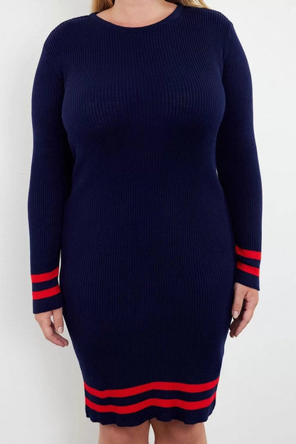 Fashion Style Fitted Crew Neck Mini Length Plus Size Ribbed Knitwear Plus Size Dress