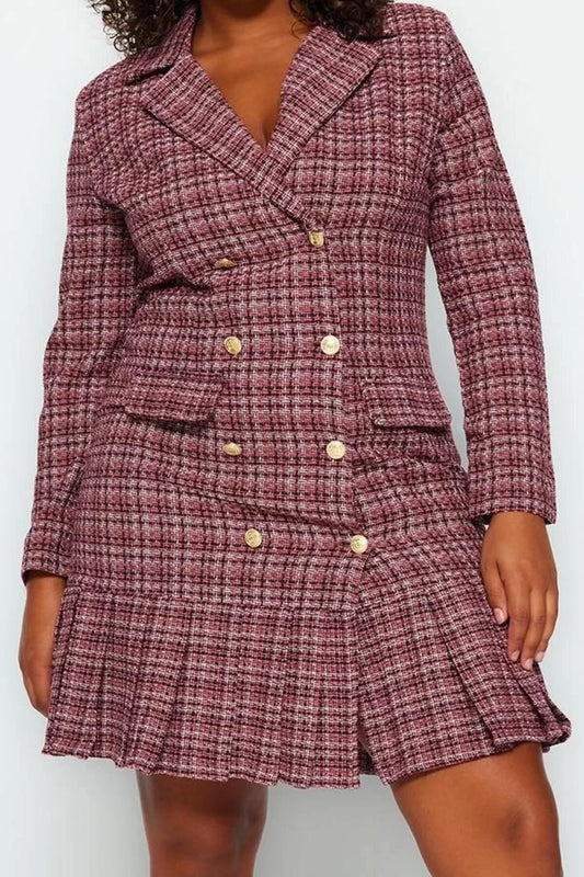 Fashion Style Fitted Jacket Collar Mini Length Plus Size Plaid Pattern Detailed Woven Dress