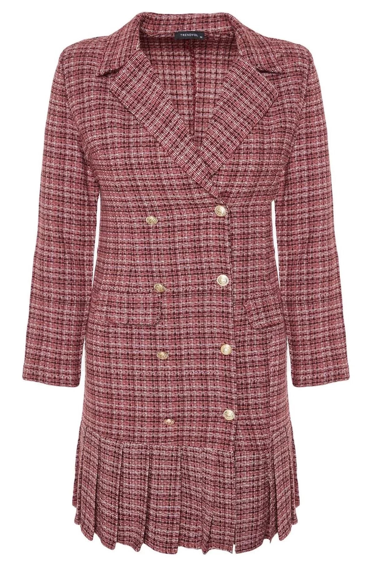 Fashion Style Fitted Jacket Collar Mini Length Plus Size Plaid Pattern Detailed Woven Dress