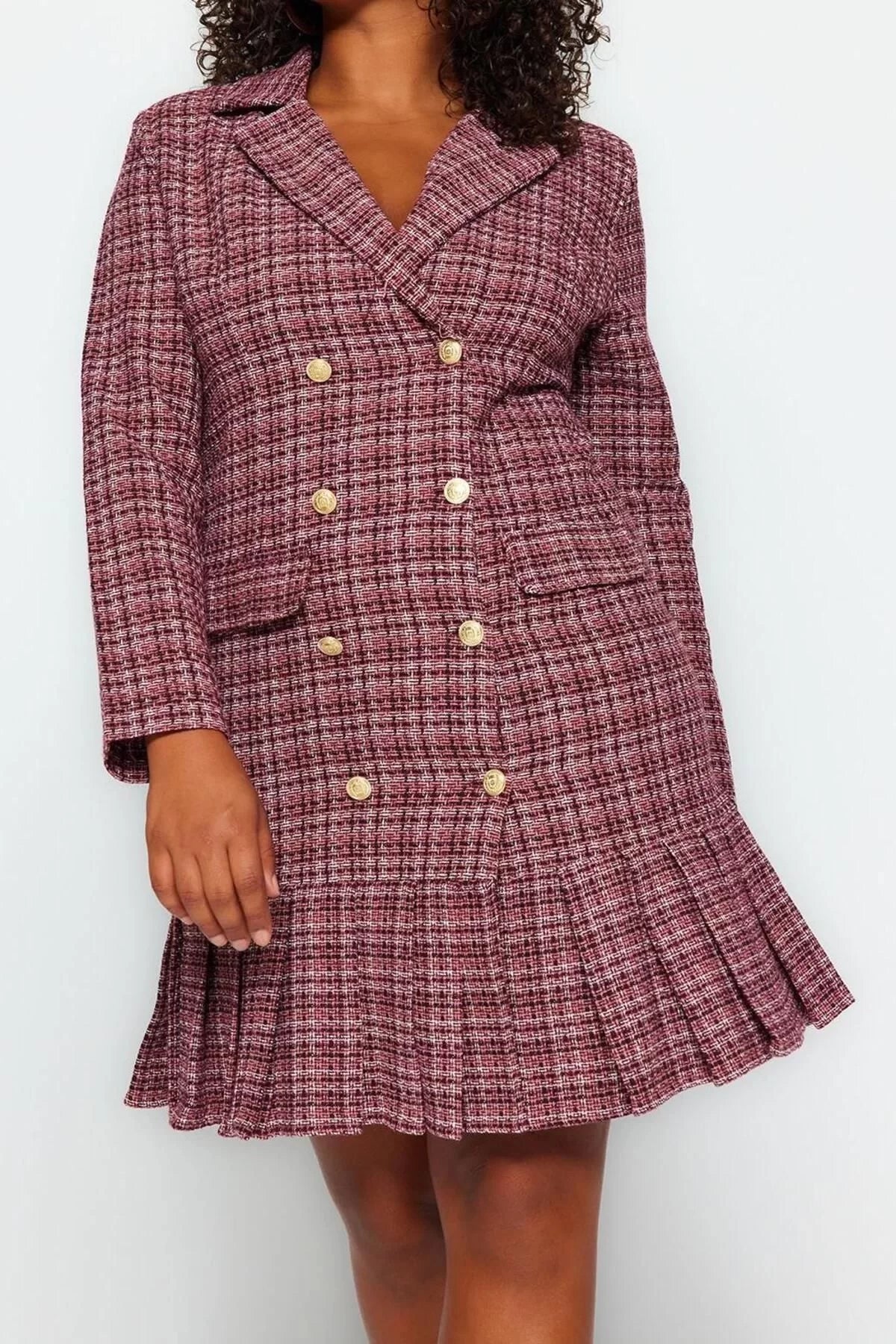 Fashion Style Fitted Jacket Collar Mini Length Plus Size Plaid Pattern Detailed Woven Dress