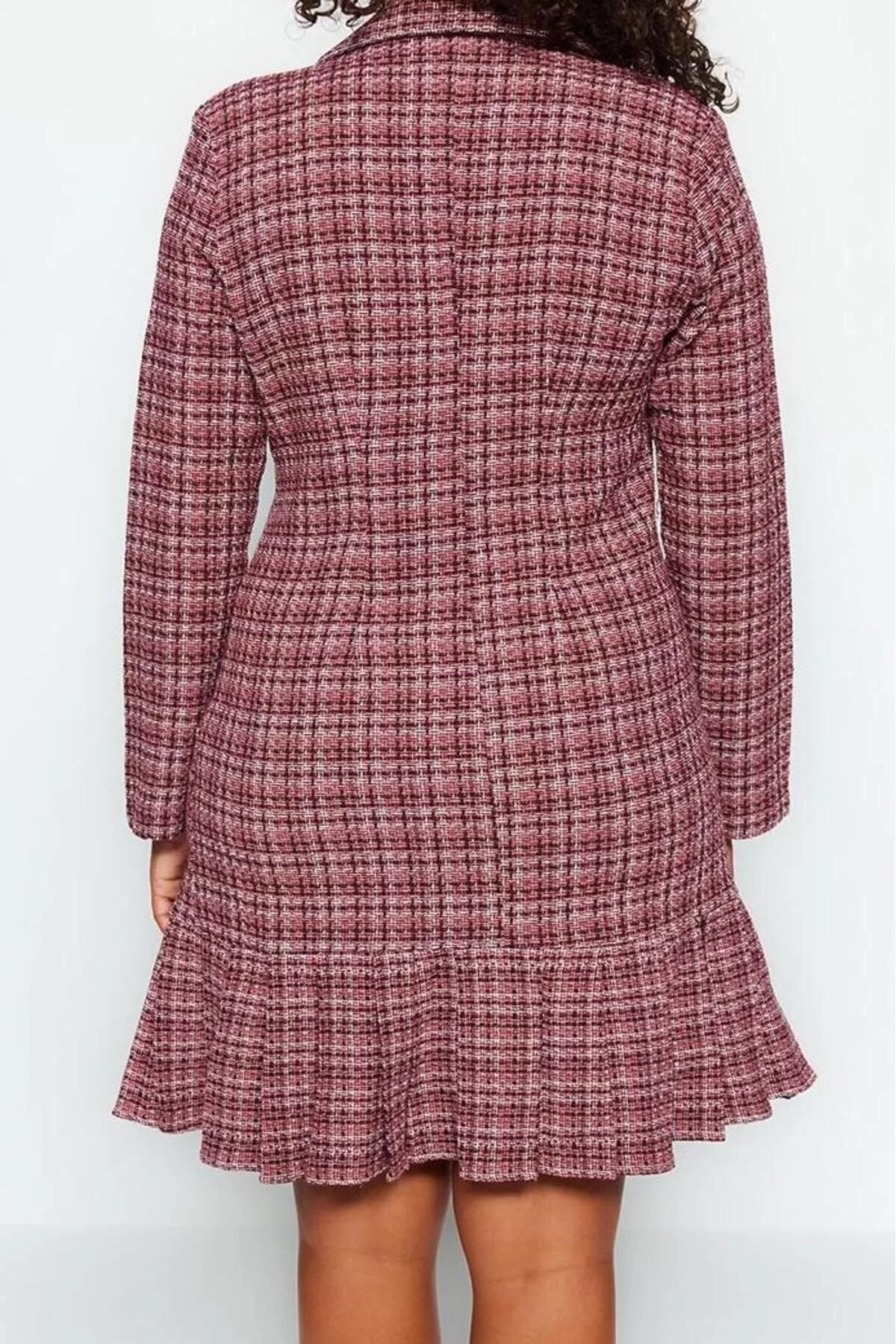 Fashion Style Fitted Jacket Collar Mini Length Plus Size Plaid Pattern Detailed Woven Dress