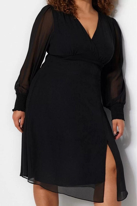 Fashion Style Fitted V Neck Midi Length Plus Size Slit Detailed A-Line Bell Woven Dress