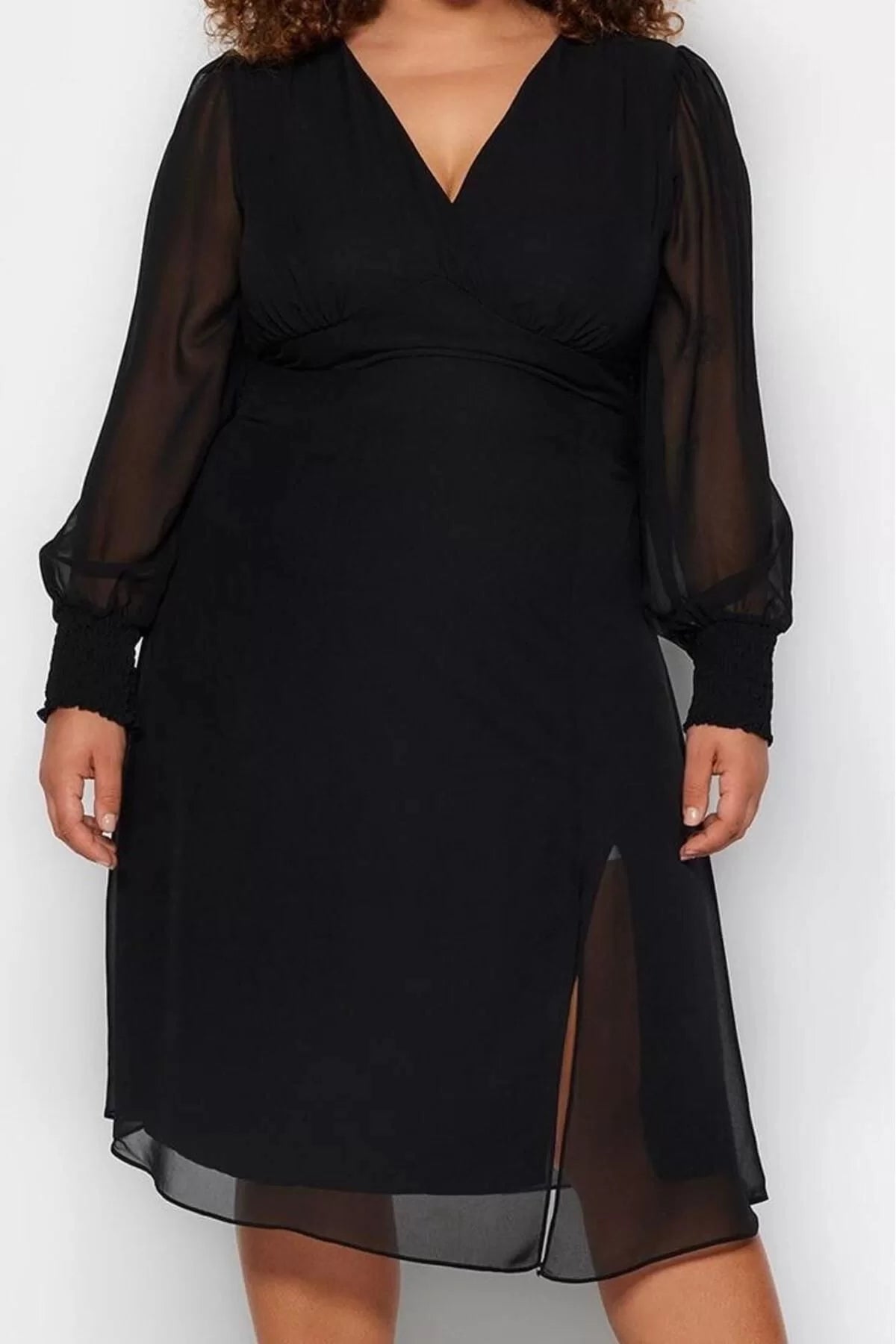 Fashion Style Fitted V Neck Midi Length Plus Size Slit Detailed A-Line Bell Woven Dress