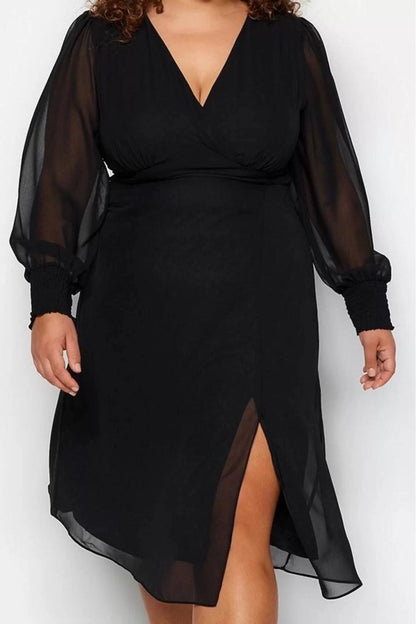 Fashion Style Fitted V Neck Midi Length Plus Size Slit Detailed A-Line Bell Woven Dress