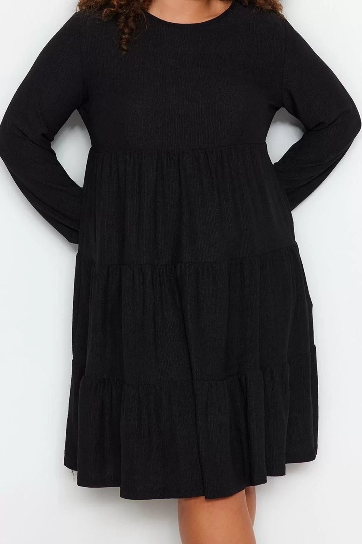 Fashion Style Relaxed Crew Neck Mini Length Plus Size Plain A-line Knitted Dress