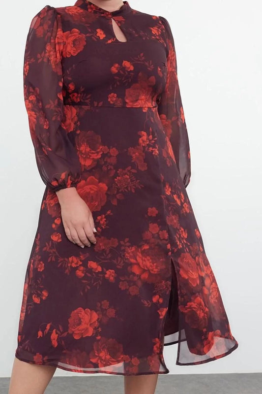 Fashion Style Relaxed Stand Collar Midi Length Plus Size Floral Patterned Chiffon Lined Slit Woven Dress