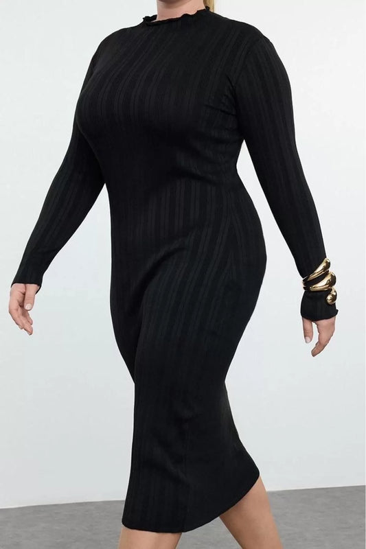 Fashion Style Fitted Stand Collar Midi Length Plus Size Corduroy Premium Special Yarn Knitwear Dress