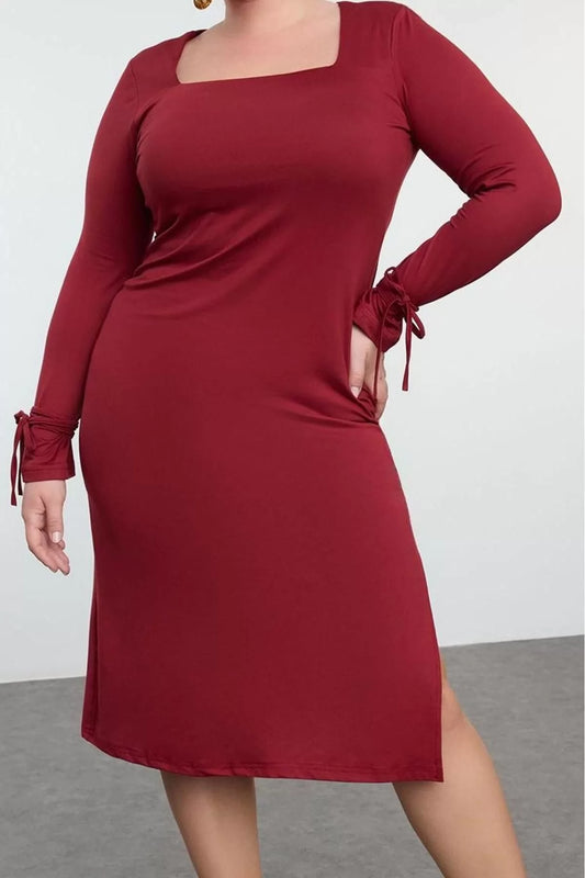 Fashion Style Fitted Square Neck Midi Length Plus Size Premium Slit Knitted Plus Size Dress