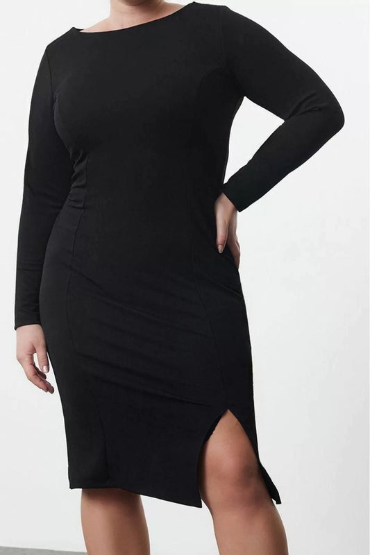 Fashion Style Fitted Boat Neck Regular Length Plus Size Crepe Knit Plus Size Dress