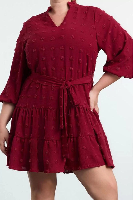 Fashion Style Fitted V Neck Midi Length Plus Size Balloon Sleeve Belted Pompom Woven Plus Size Dress