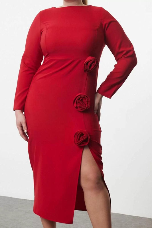 Style Relaxed Crew Neck Midi Length Plus Size Boat Neck Slit Rose Woven Dress