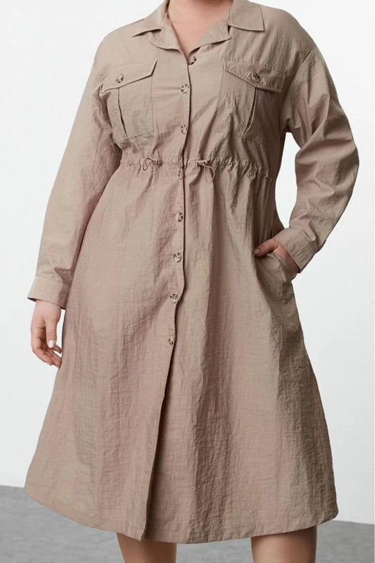 Fashion Style Fitted Shirt Collar Midi Length Plus Size Parachute Woven Plus Size Dress