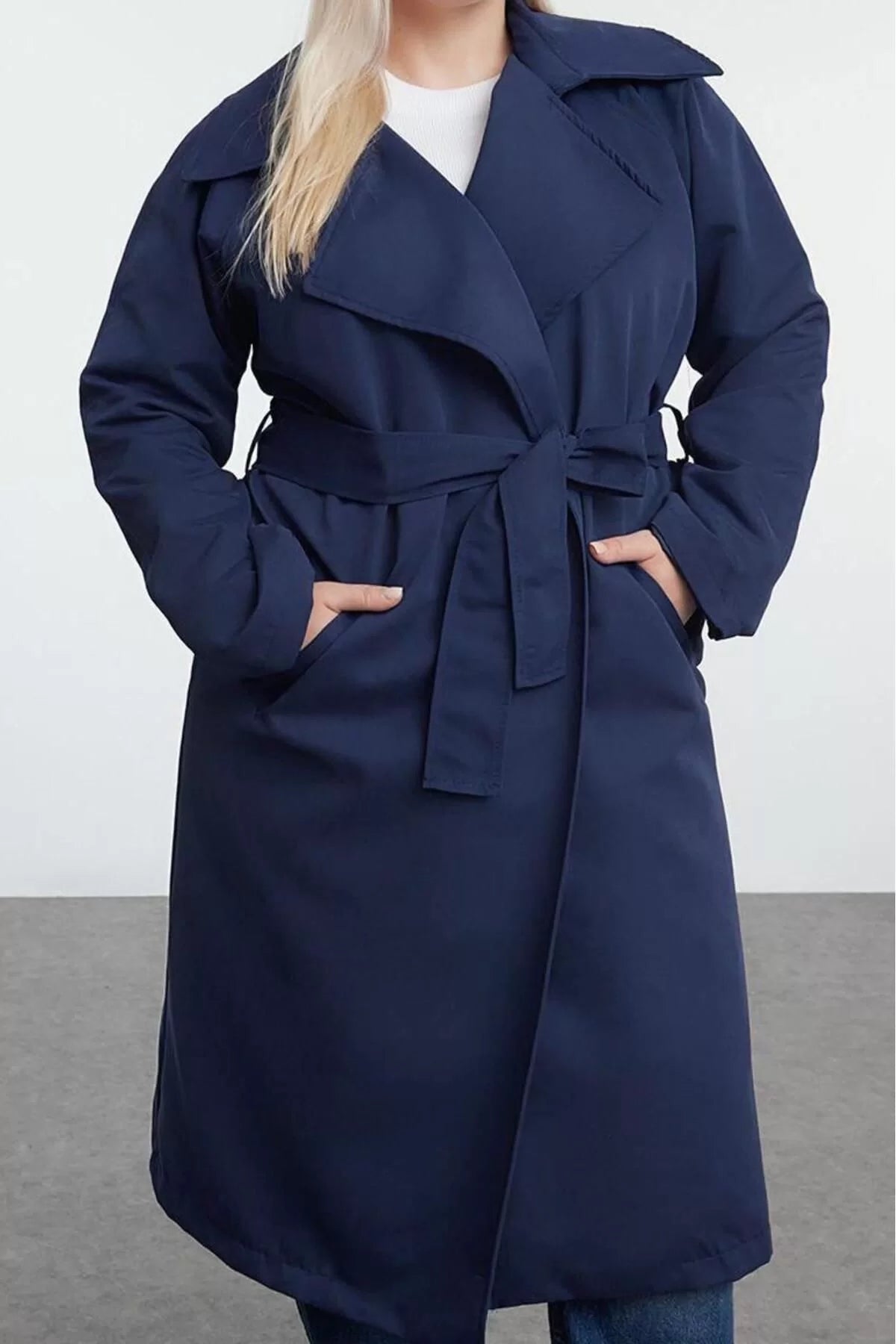 Plus Size Design Plain Lined Collar Long Regular Jacket Women Maxi Length Belted Technical Fabric Trench Coat