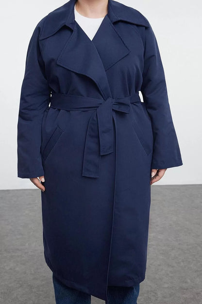 Plus Size Design Plain Lined Collar Long Regular Jacket Women Maxi Length Belted Technical Fabric Trench Coat