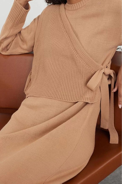 Style Women Modern Fashion Normal Waist Straight Leg Stand Collar Knitwear Cardigan Dress Bottom-Top Set