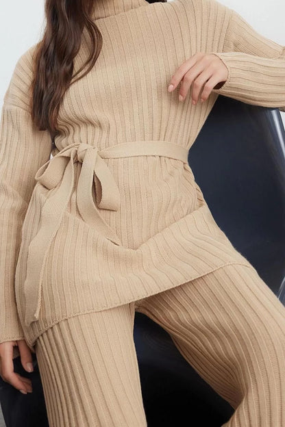 Style Women Modern Normal Waist Wide Leg Stand Collar Dark Beige Ribbed Knitwear Sweater Trousers Top-Bottom Set