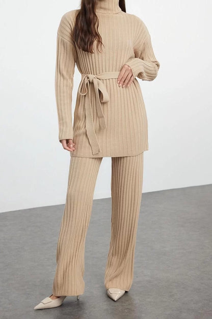 Style Women Modern Normal Waist Wide Leg Stand Collar Dark Beige Ribbed Knitwear Sweater Trousers Top-Bottom Set