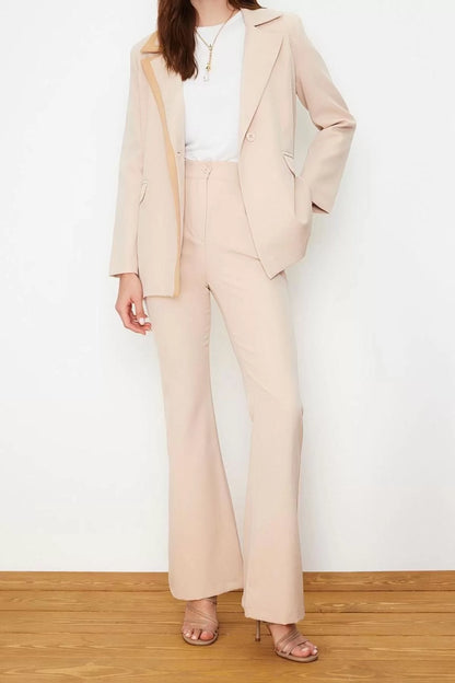 Style Women Modern Normal Waist Straight Leg V Neck Color Block Detailed Jacket Trousers Woven Bottom Top Set