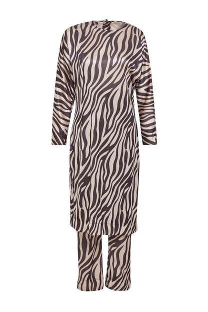 Style Women Modern Normal Waist Wide Leg Crinkle Knitted Animal Zebra Patterned Long Tunic Top-Bottom Set