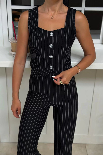 Style Women Modern Fashion Normal Waist Straight Leg Polo Collar Regular Buttoned Flexible Knitted Bottom-Top Set