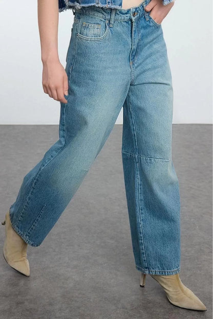 Style Women Fashion Denim Jeans Pants Long Straight Leg Blue High Waist Jeans