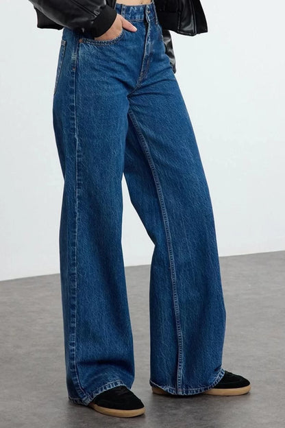 Style Women Fashion Denim Jeans Pants Long Wide Leg Blue High Waist Jeans