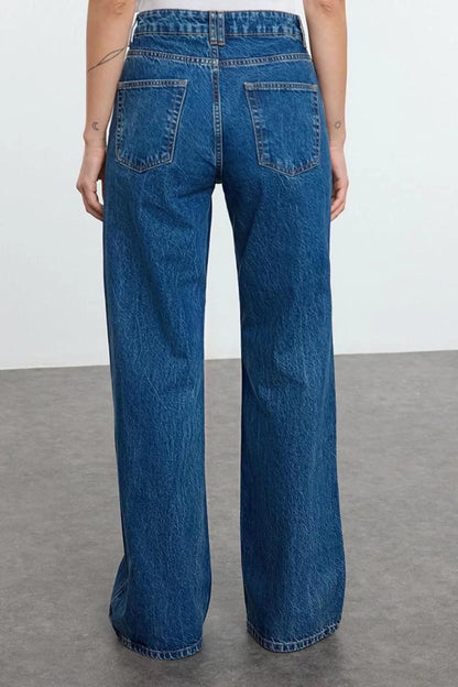 Style Women Fashion Denim Jeans Pants Long Wide Leg Blue High Waist Jeans