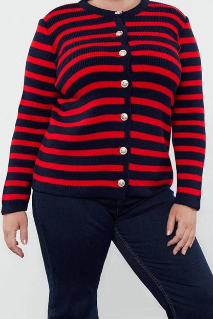 Plus Size Women Modern Style Comfortable Long Crew Neck Striped Sleeve Regular Knitwear Cardigan