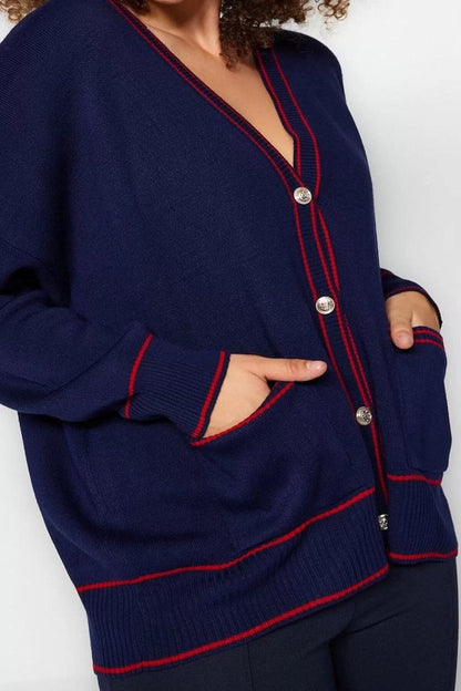 Plus Size Women Modern Style Comfortable Long V Neck Striped Sleeve Regular Knitwear Cardigan