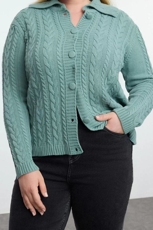 Plus Size Women Modern Style Casual Long Polo Neck Knitted Sleeve Crop Sweater Cardigan