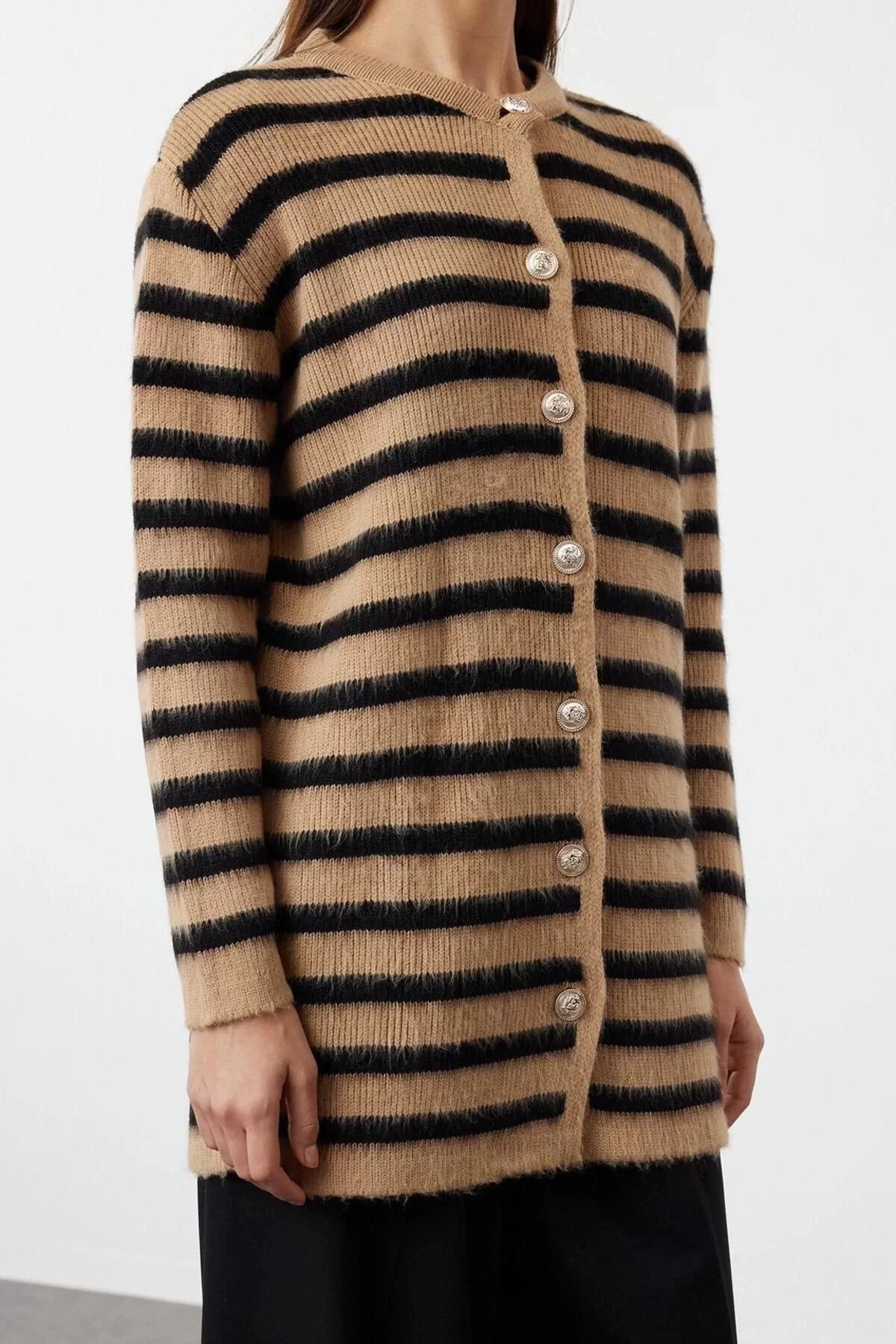 Women's Modern Style Casual Long Crew Neck Striped Sleeve Regular Knitwear Cardigan