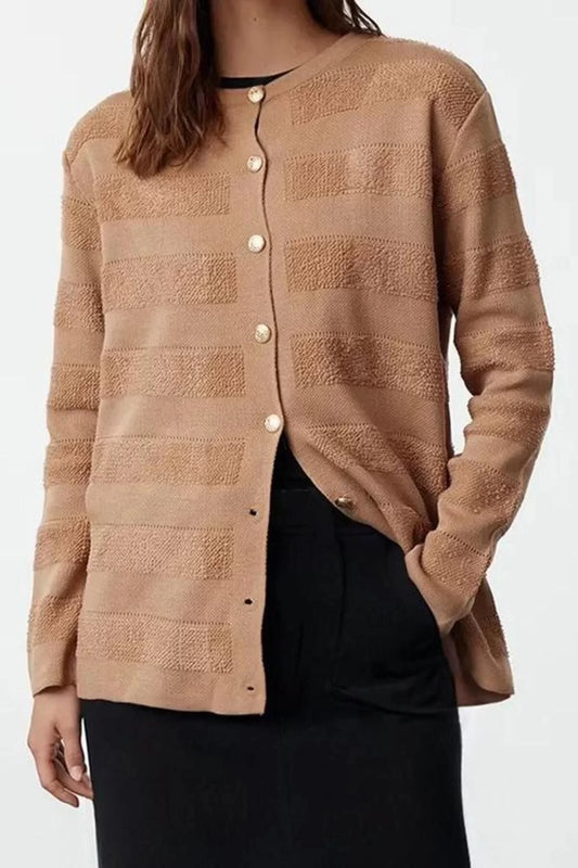 Women's Modern Style Casual Long Crew Neck Textured Sleeve Regular Knitwear Cardigan