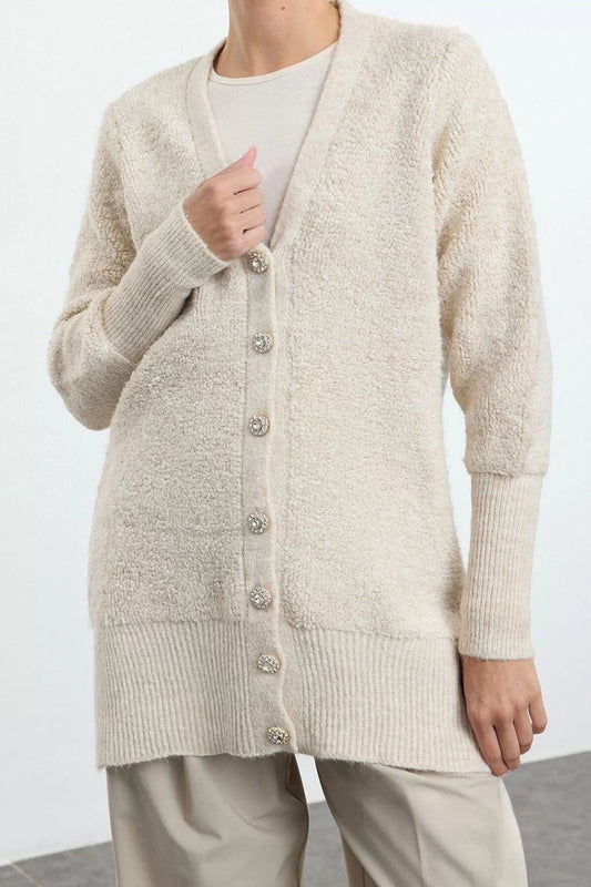 Women's Modern Style Casual Long V Neck Plain Sleeve Long Knitted Cardigan