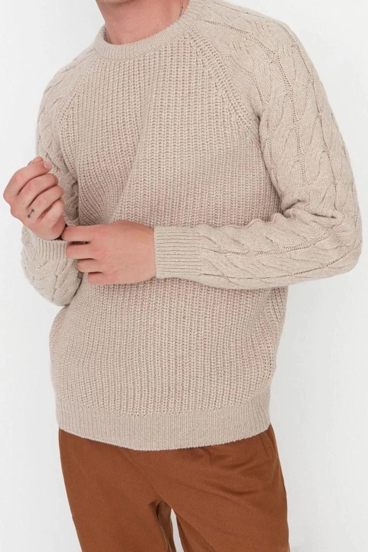 Men's Modern Style Casual Long Crew Neck Knitted Sleeve Regular Knitwear Sweater