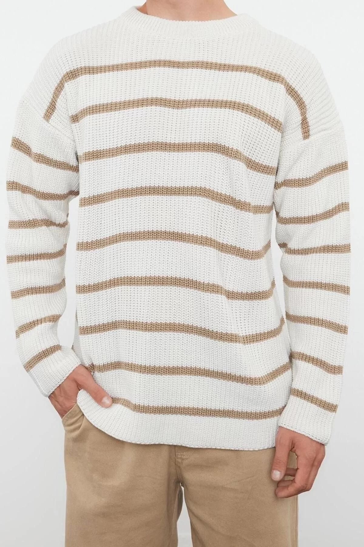 Men's Modern Style Comfortable Long Crew Neck Striped Sleeve Regular Knitwear Sweater